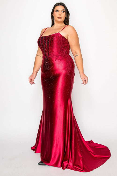 Poly USA W1164 Plus Size Beaded Satin Gown
