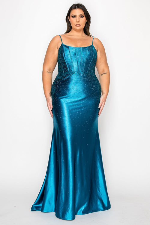 Poly USA W1164 Plus Size Beaded Satin Gown