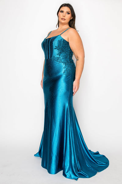 Poly USA W1164 Plus Size Beaded Satin Gown