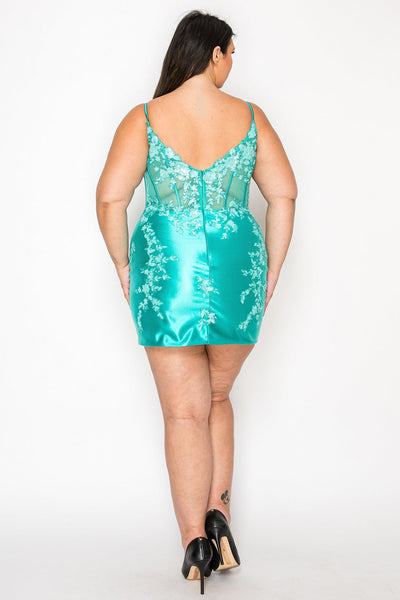 Poly USA W1170 Plus Size Short Applique Satin Dress