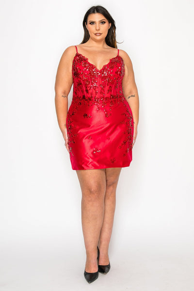 Poly USA W1170 Plus Size Short Applique Satin Dress