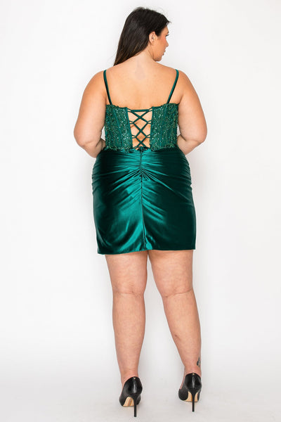 Poly USA W1178 Plus Size Short Beaded Satin Slit Dress