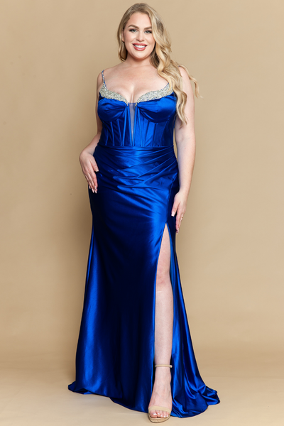 Poly USA W1180 Plus Size Fitted Satin Corset Slit Gown