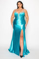 Poly USA W1180 Plus Size Fitted Satin Corset Slit Gown