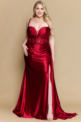 Sleeveless Satin Sheath Gown with Beaded Floral Bodice and High Slit by Poly USA W1182