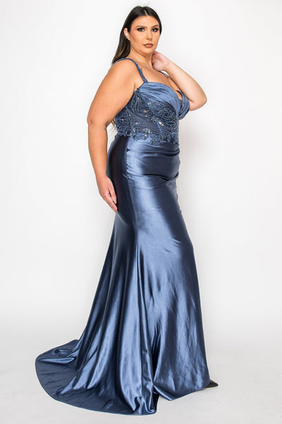 Sleeveless Satin Sheath Gown with Beaded Floral Bodice and High Slit by Poly USA W1182