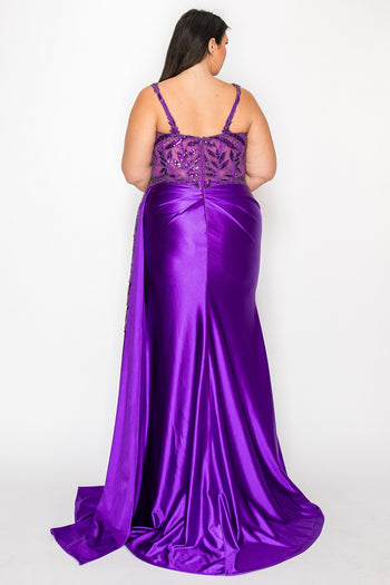 Sleeveless Satin Sheath Gown with Beaded Floral Bodice and High Slit by Poly USA W1182