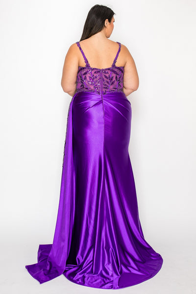 Sleeveless Satin Sheath Gown with Beaded Floral Bodice and High Slit by Poly USA W1182