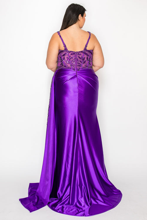 Sleeveless Satin Sheath Gown with Beaded Floral Bodice and High Slit by Poly USA W1182