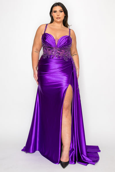 Sleeveless Satin Sheath Gown with Beaded Floral Bodice and High Slit by Poly USA W1182