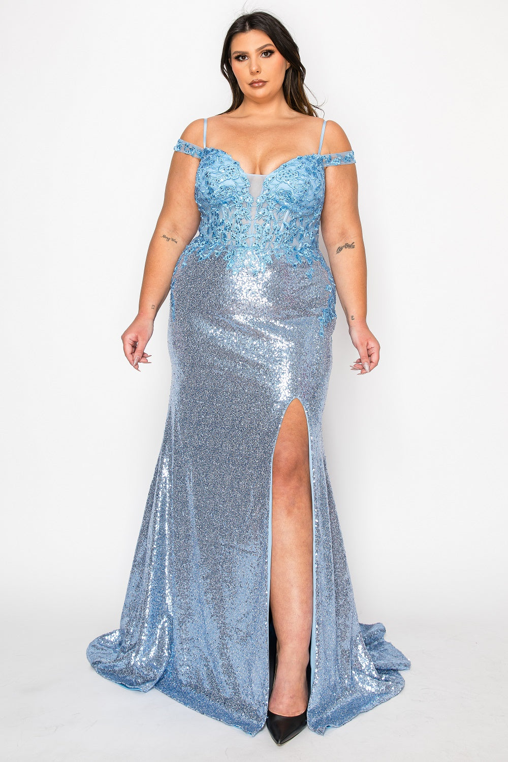 Poly USA W1186 - Sequin Embellished Cold Shoulder Long Gown In Blue