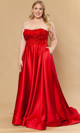 Poly USA W1224 Plus Size Beaded Semi-Sweetheart Satin A-Line Prom Gown