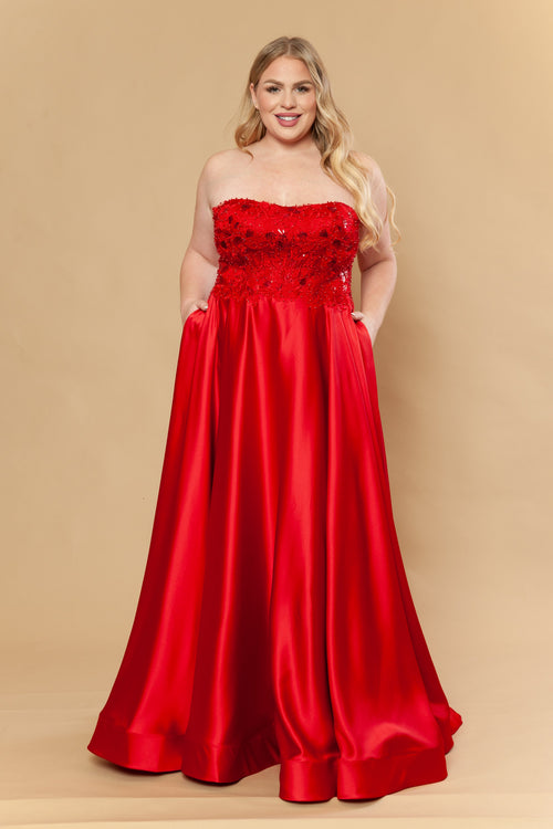 Poly USA W1224 - Semi-Sweetheart Satin Plus Size Gown In Red