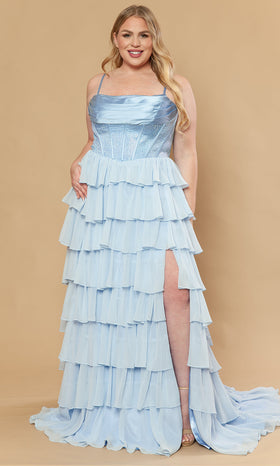 Poly USA W1250 Plus Size Square Neck Beaded Corset Ruffle A-Line Prom Gown