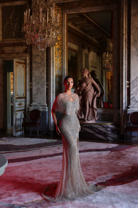 Chic and Holland HF110647 Strapless Cape Sleeve Beaded Sheath Formal Dress with Slit and Cape
