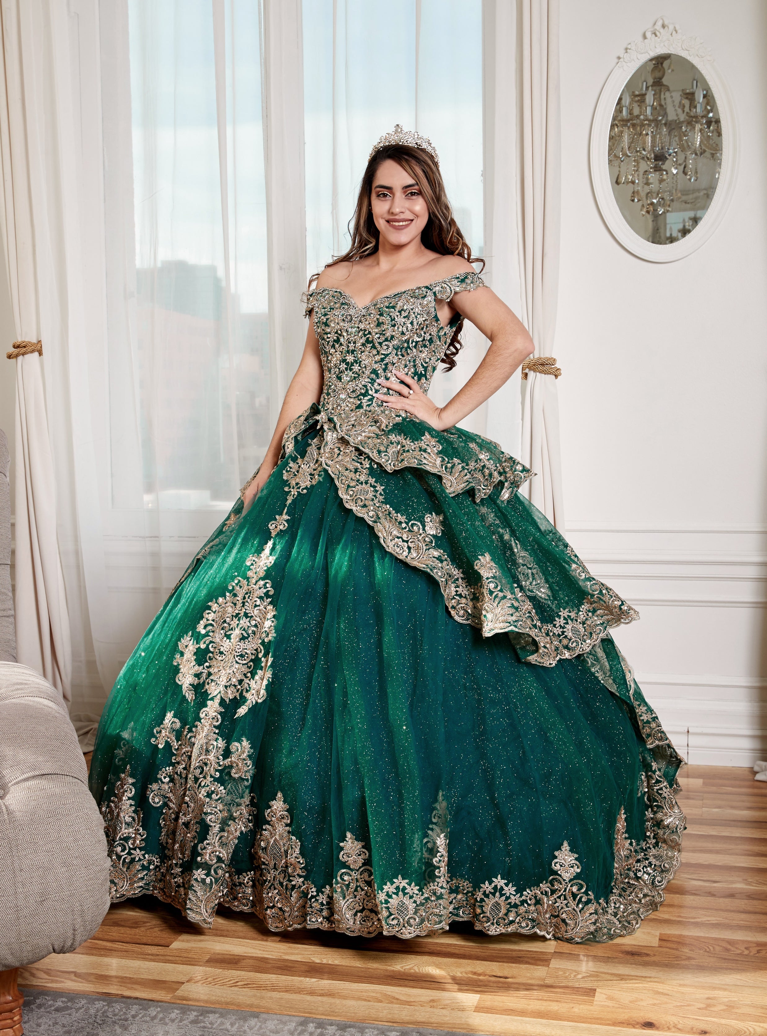 emerald and gold dress Applique Off-Shoulder Quinceanera Layered Embroidered Ball Gown by Calla WB-20525 Cream Satin Midi Dress: Expose your sexy shoulders Pink Maxi Dress Size:US 24/UK 26/EU 54