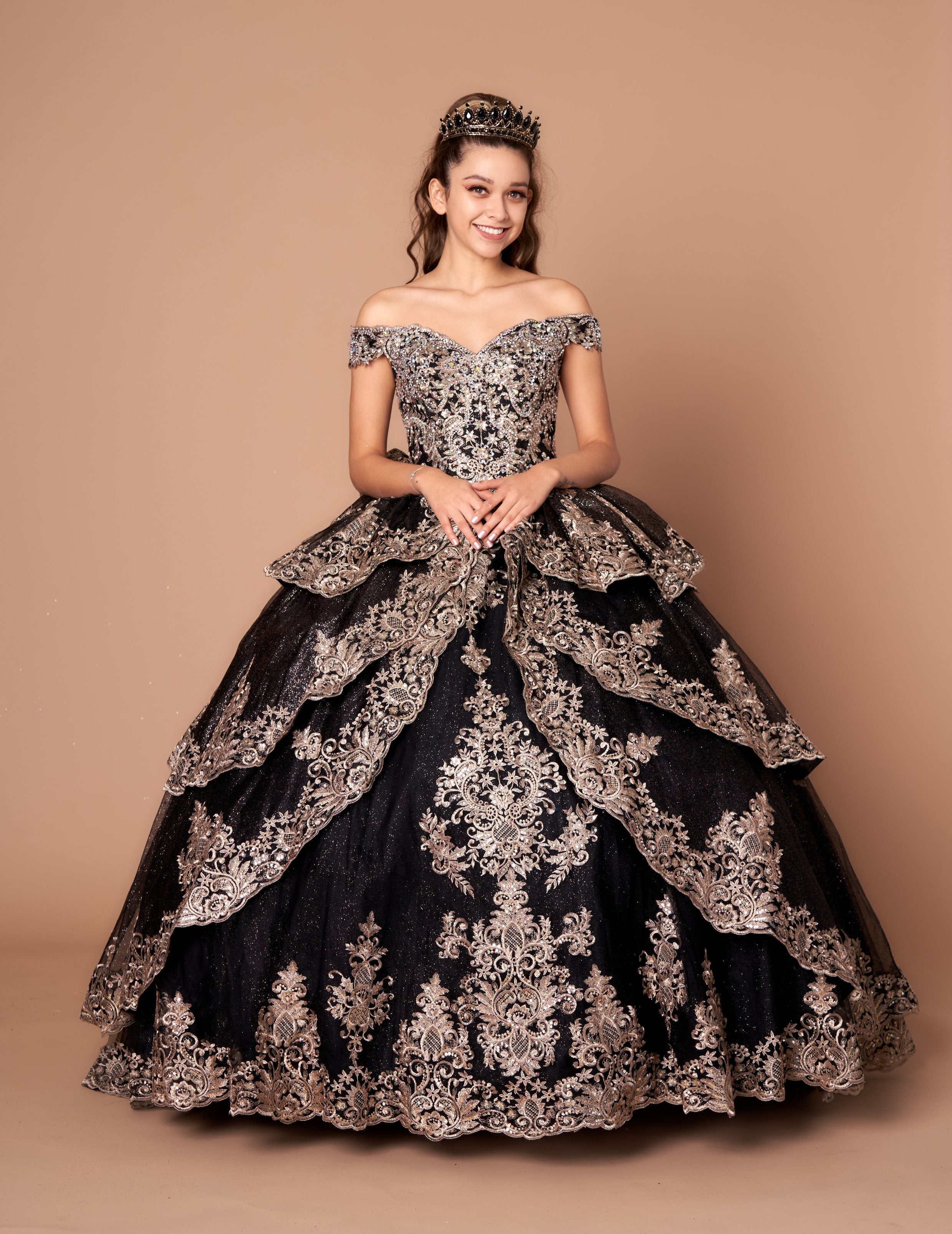 Applique Off-Shoulder Layered Ball Gown by Calla WB20525