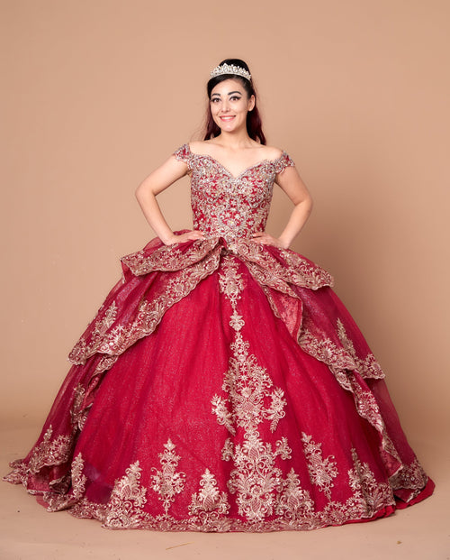 Applique Off-Shoulder Layered Ball Gown by Calla WB20525