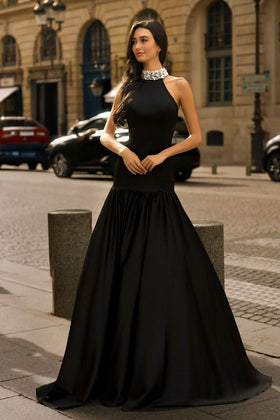 Portia and Scarlett PS26343E Long Halter Sleeveless Ball Gown Beaded Detail Evening Dress