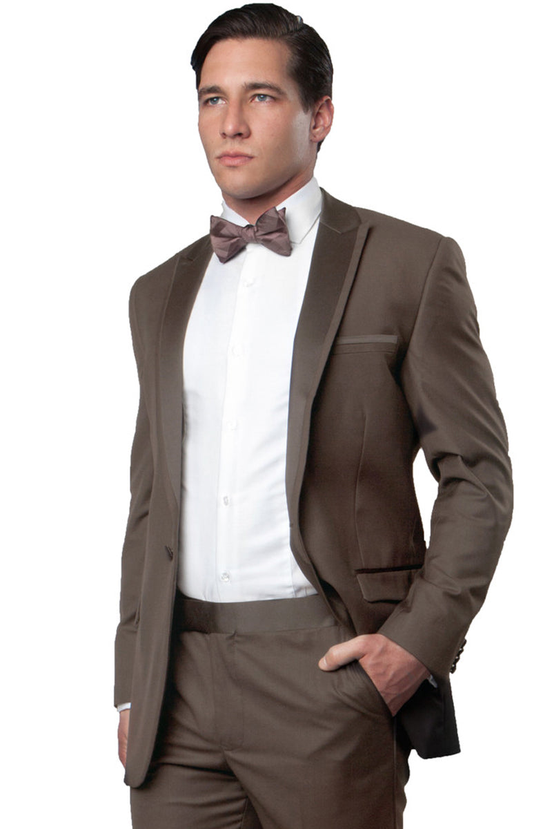 Esmoquin de corte entallado para hombre, con un botón, ribete de satén y solapa de pico, para graduación y boda, en color champán