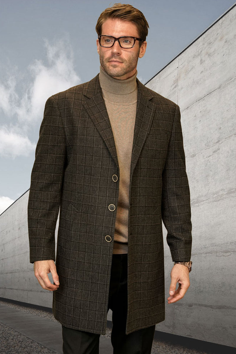 Abrigo de invierno de diseño para hombre, 100 % lana, con cuadros marrones