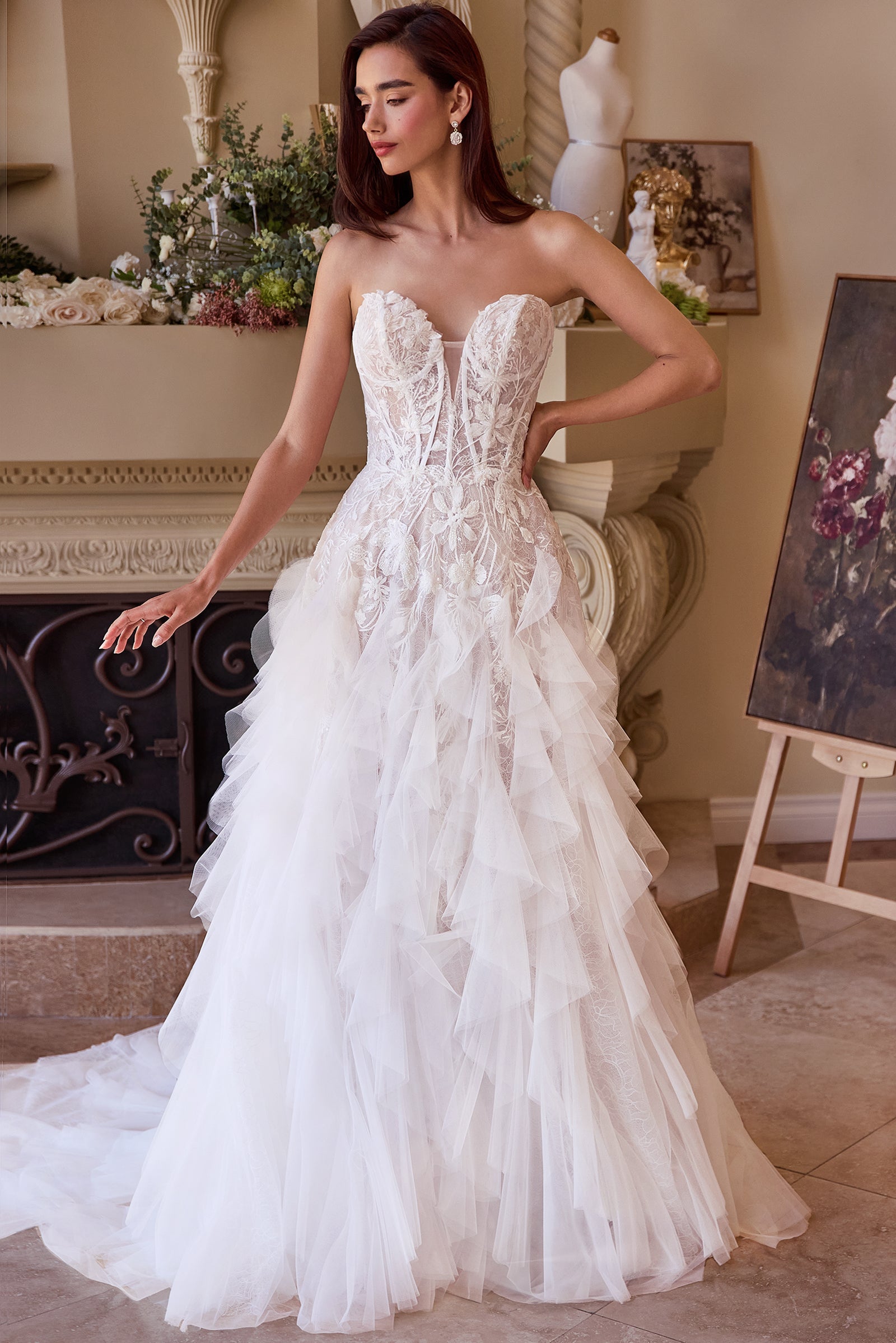 Off-White Strapless Ruffle Tulle Wedding Gown by Andrea & Leo WL016
