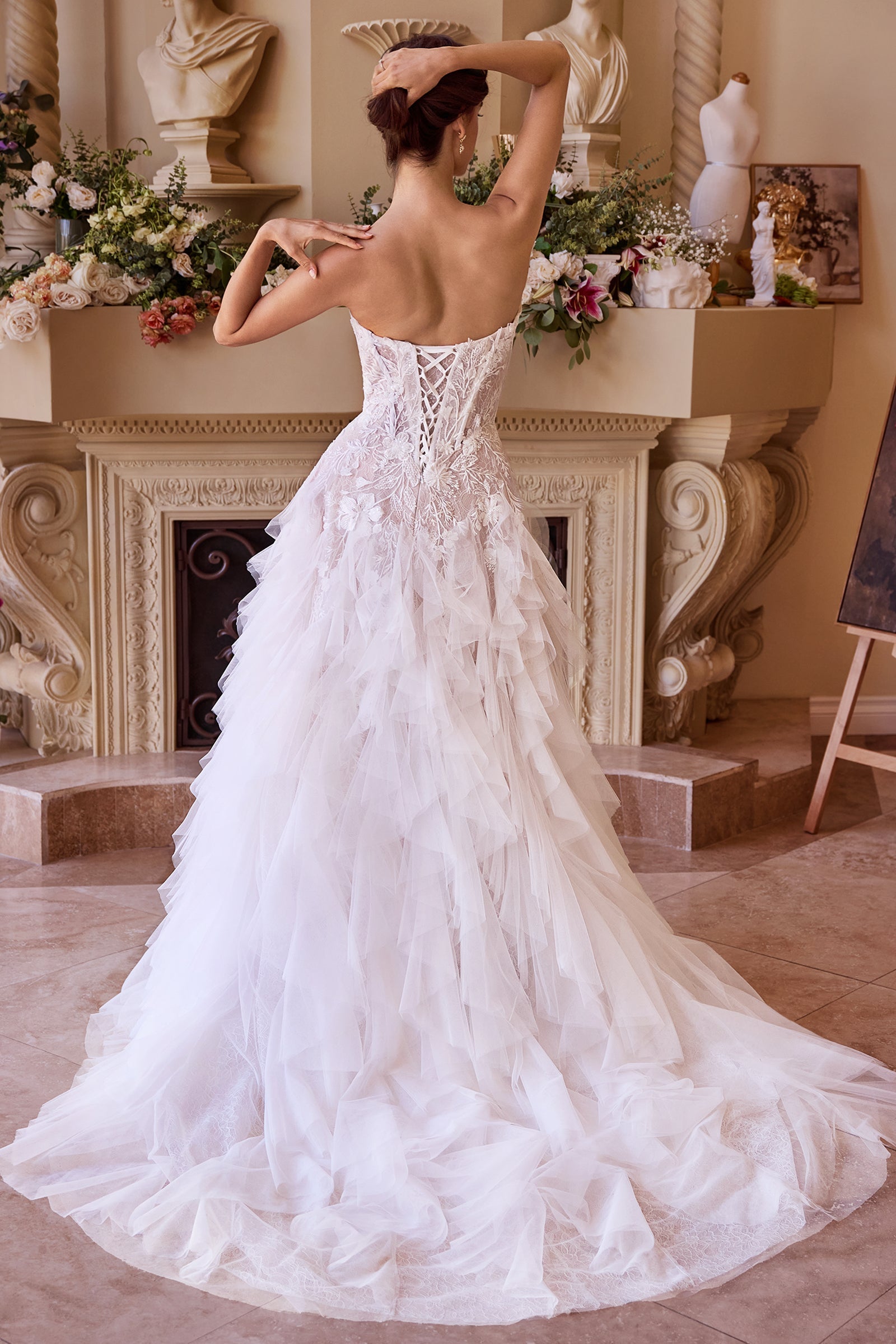 Off-White Strapless Ruffle Tulle Wedding Gown by Andrea & Leo WL016