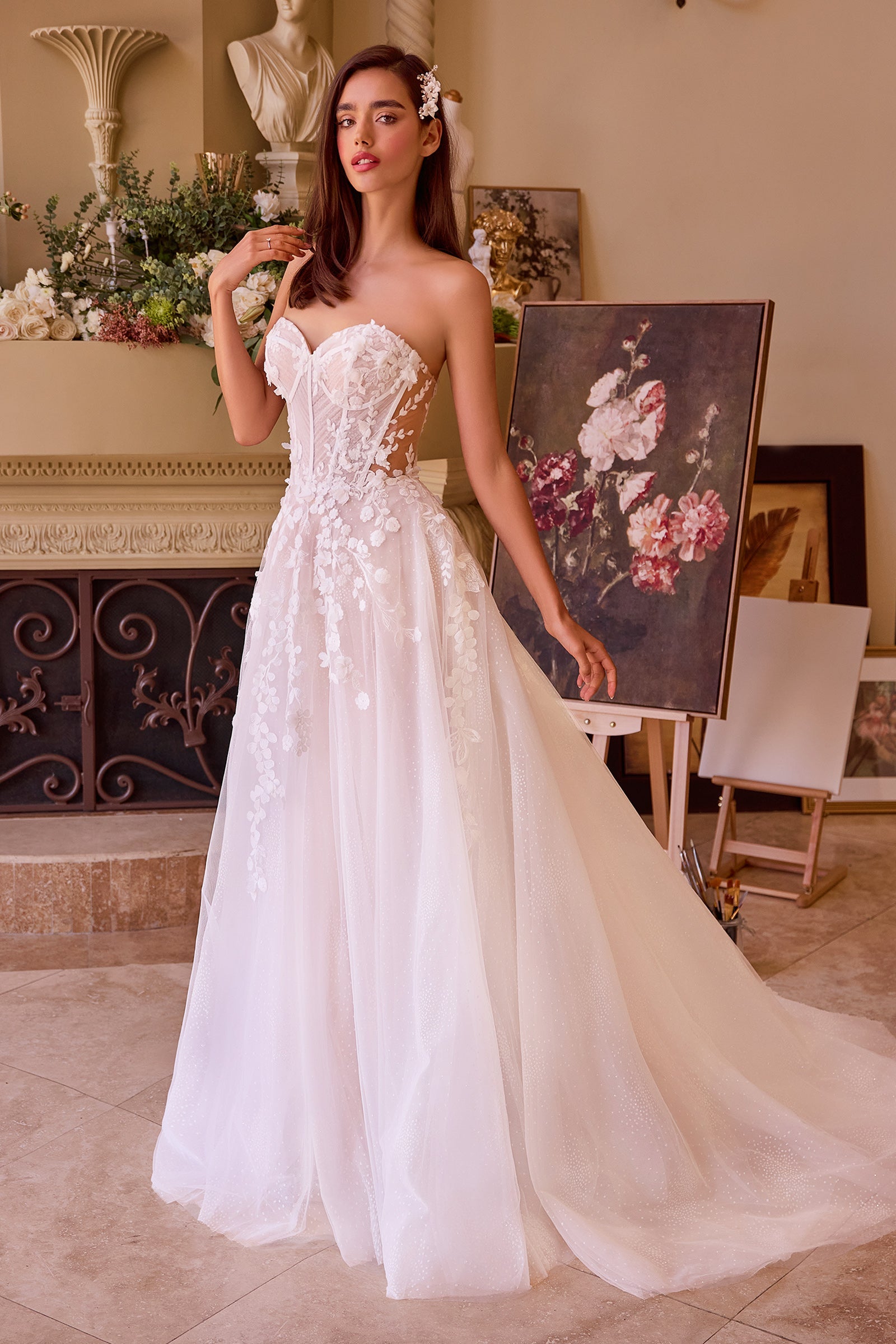 Vestido de novia Andrea &amp; Leo WL032 con estampado floral en blanco roto y corte A
