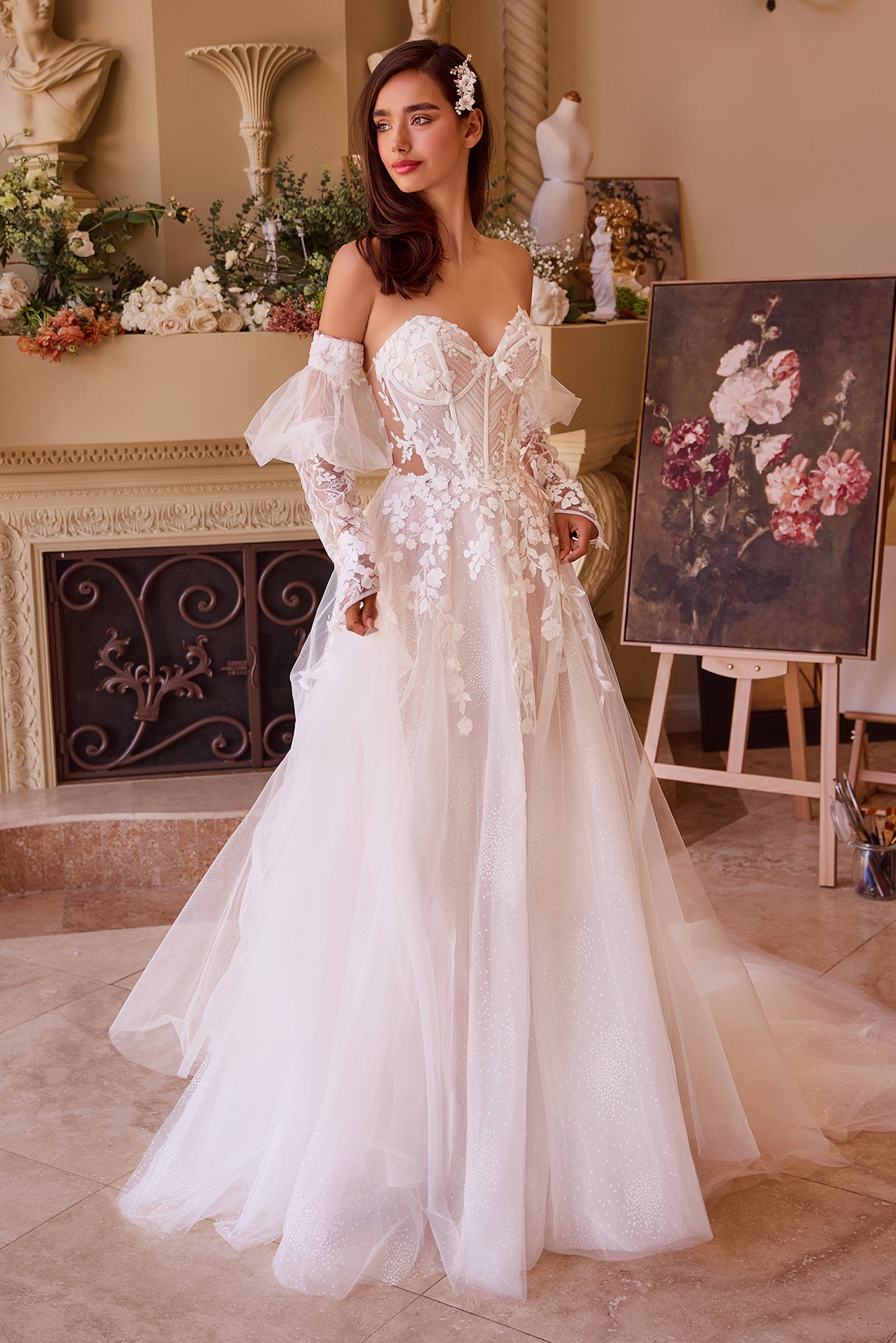 Vestido de novia Andrea &amp; Leo WL032 con estampado floral en blanco roto y corte A