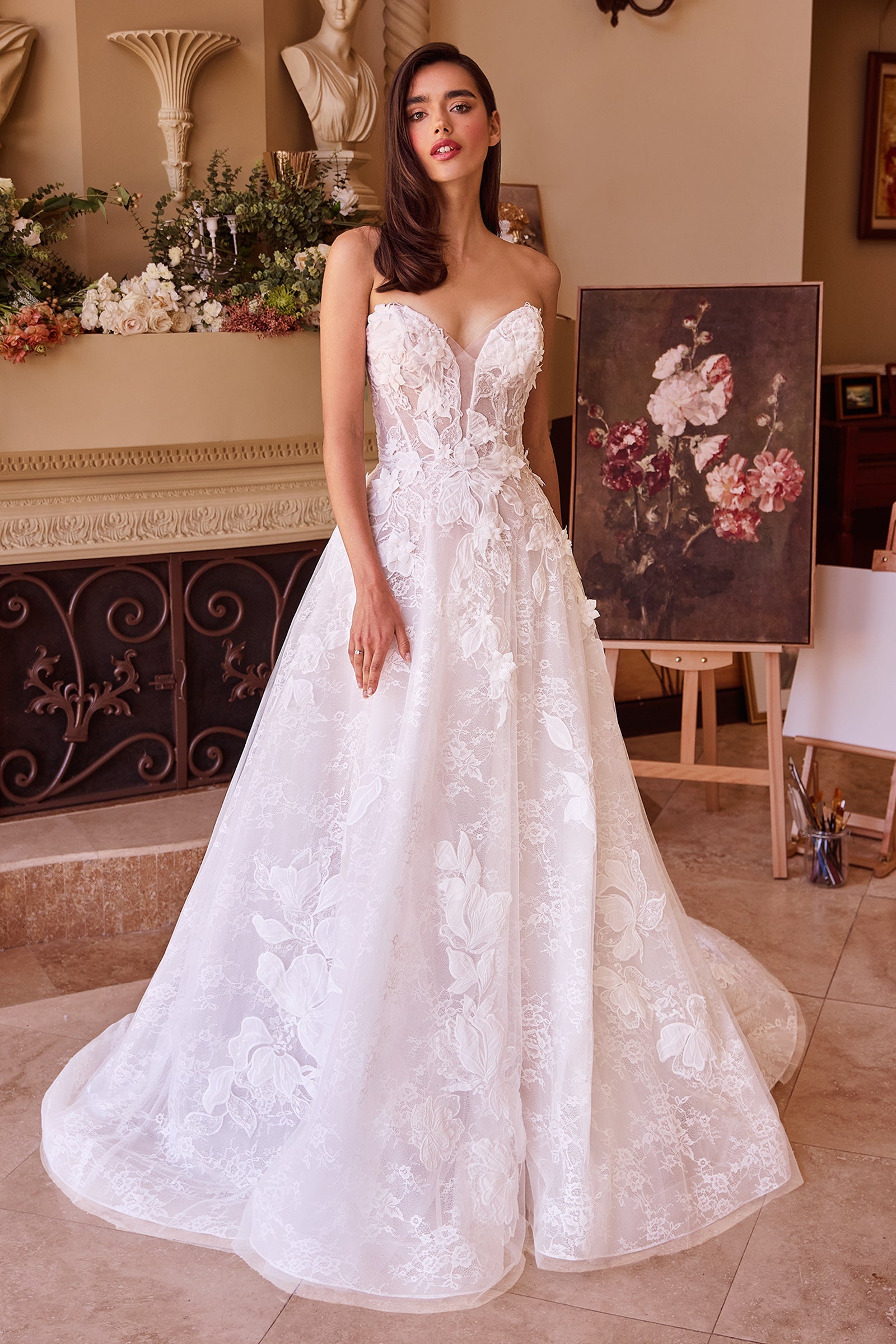 Vestido de novia sin tirantes de encaje blanco roto WL034 de Andrea &amp; Leo