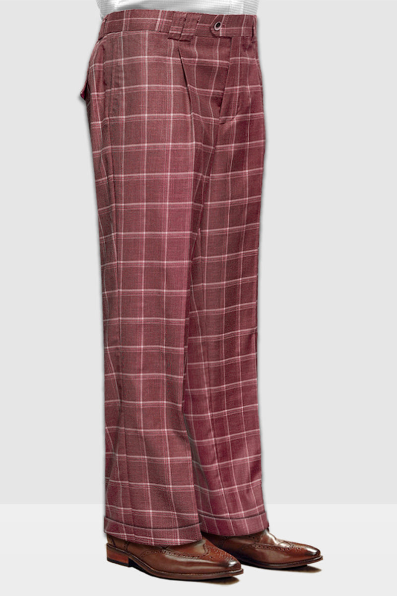 Pantalones de vestir de lana de diseñador para hombre, con pernera ancha y plisados, en cuadros burdeos con diseño de ventana.