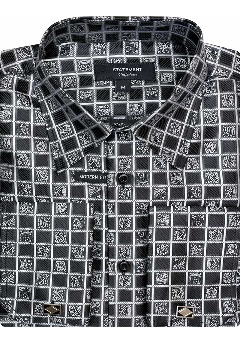 Men's French Cuff Dress Shirt in Black Windowpane