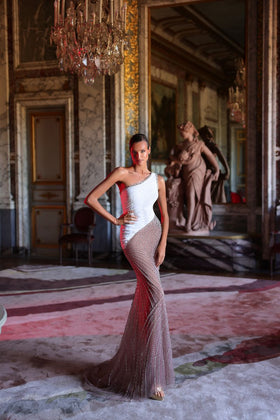 Chic and Holland PH120136 One-Shoulder Beaded Sheath Evening Gown