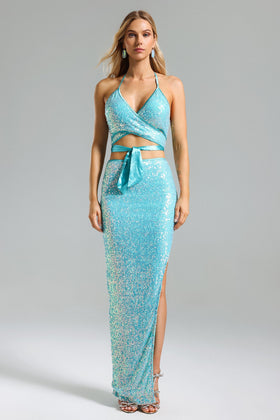 Bella Barnett Werko Sequins Strappy Slit Formal Cocktail Evening Dress