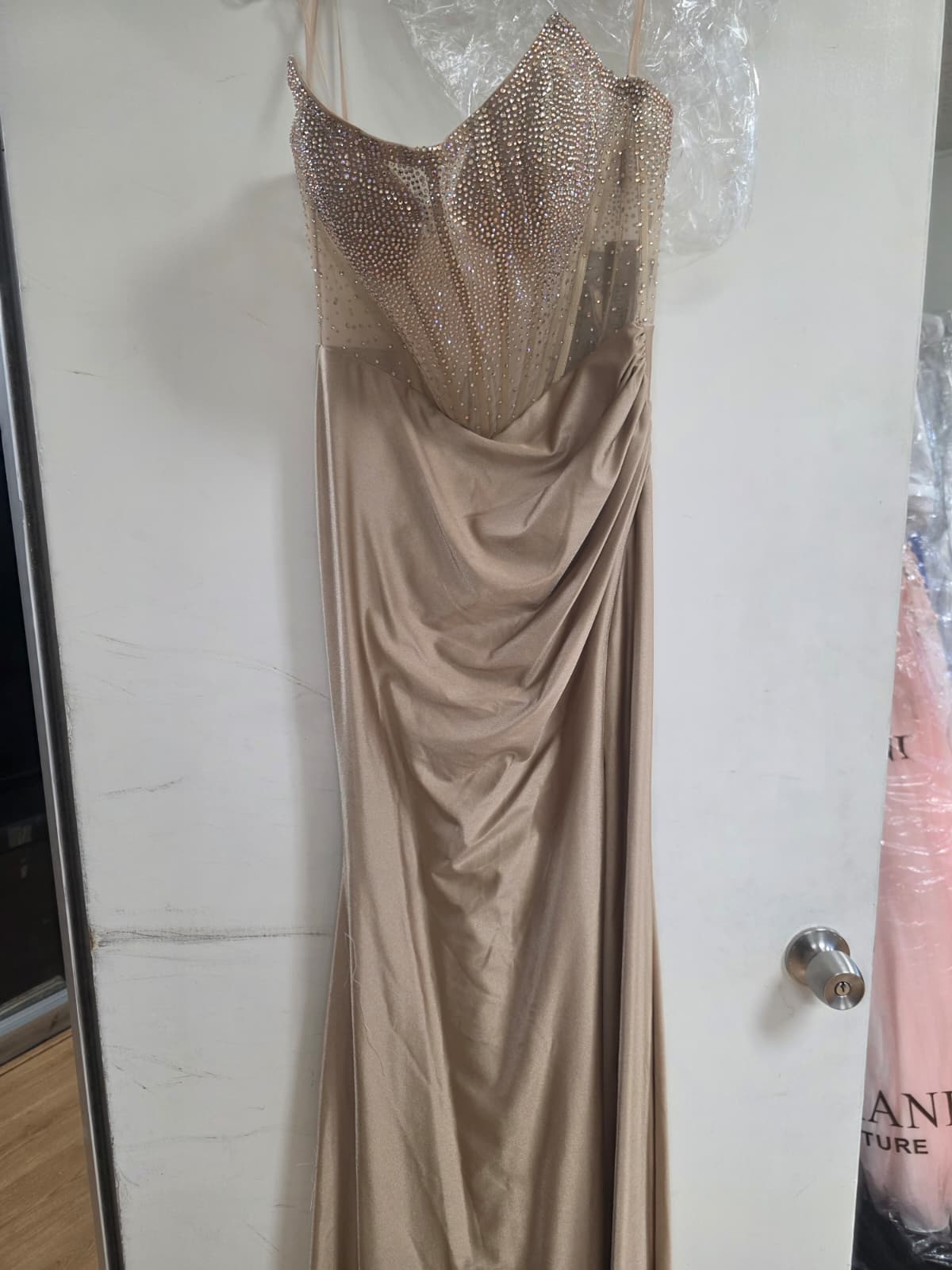 Clearance Champagne Size 4 Long Evening Mermaid Beaded Prom Gown By Amelia Couture 3042