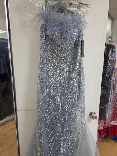Clearance Silver Size XL Sequin Print Feather Mermaid Gown by GLS Gloria GL3117