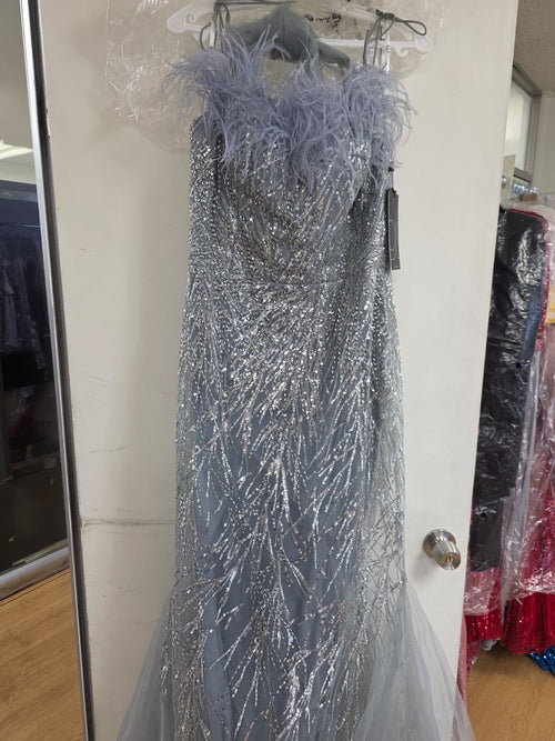 Clearance Silver Size XL Sequin Print Feather Mermaid Gown by GLS Gloria GL3117