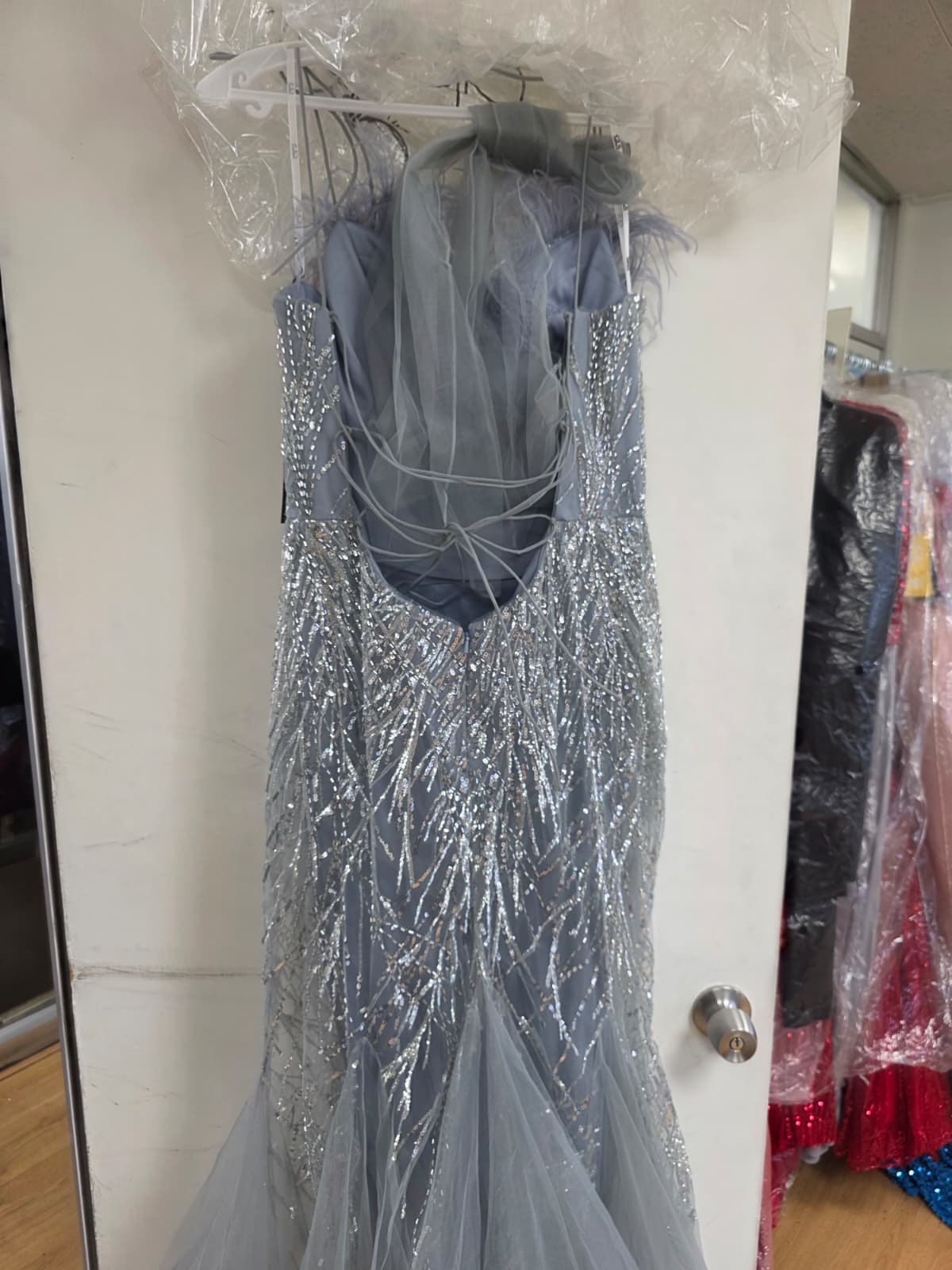 Clearance Silver Size XL Sequin Print Feather Mermaid Gown by GLS Gloria GL3117