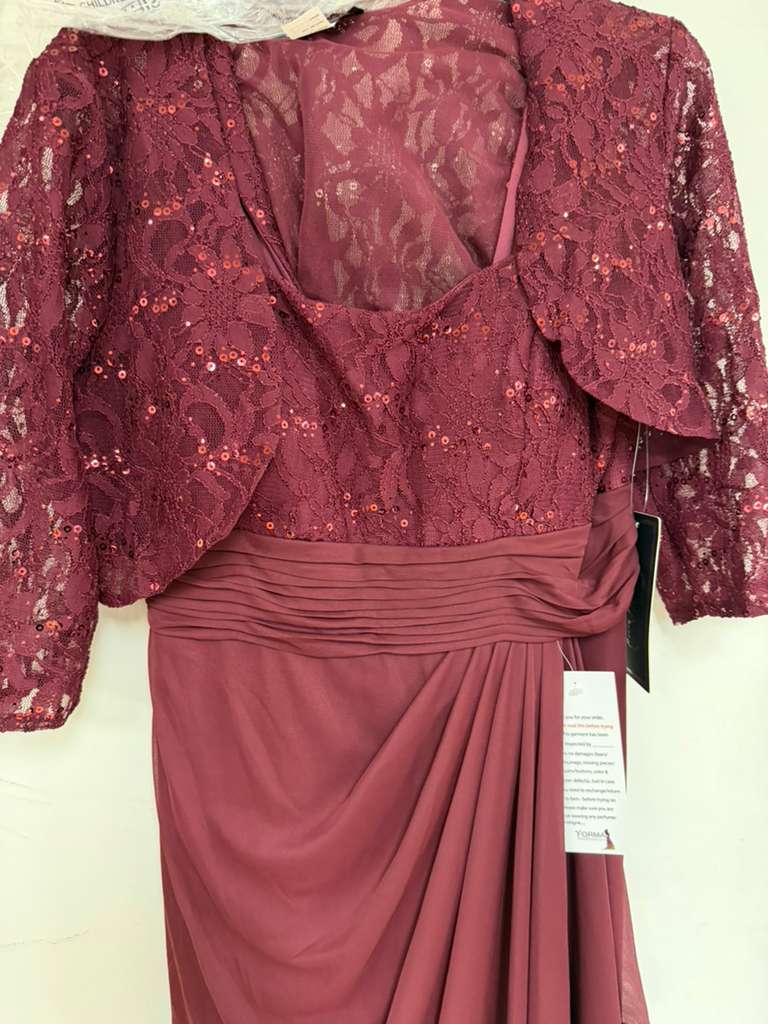 Clearance Burgundy Size XL Long Mother Of The Bride Lace Chiffon Jacket Dress By Eva USA 3094