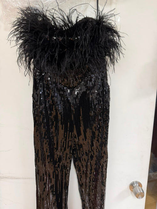 Clearance Black Size 4 Sequin Feather Strapless Formal Jumpsuit By Amelia Couture 3019