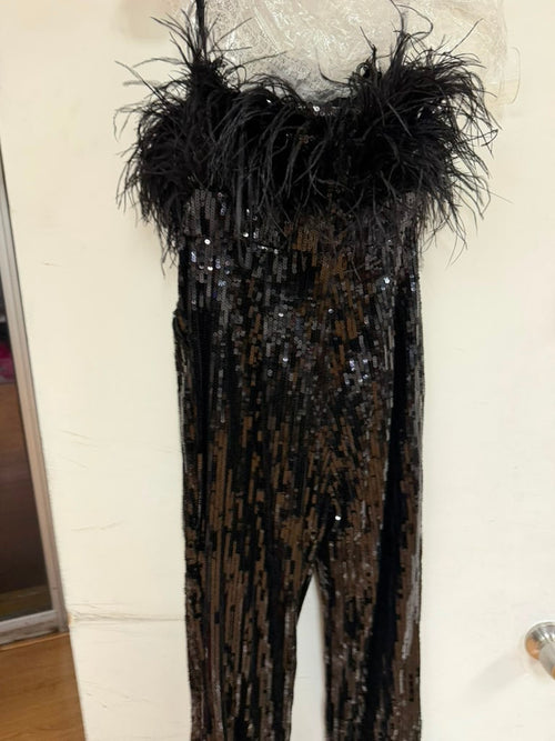 Clearance Black Size 4 Sequin Feather Strapless Formal Jumpsuit By Amelia Couture 3019