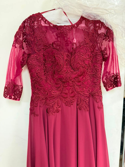 Clearance Burgundy Size S Tea Length A Line mother of the bride Dress By Eva USA 5312