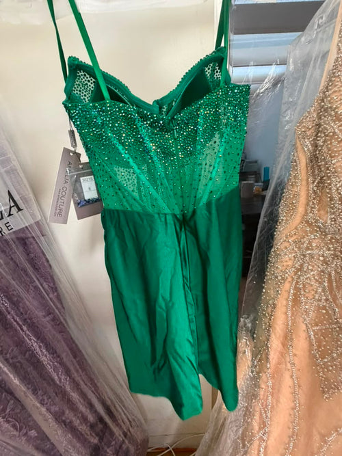 Clearance Emerald Green Size 8 Strapless Rhinestone Corset Short Dress by Amelia Couture 3021S