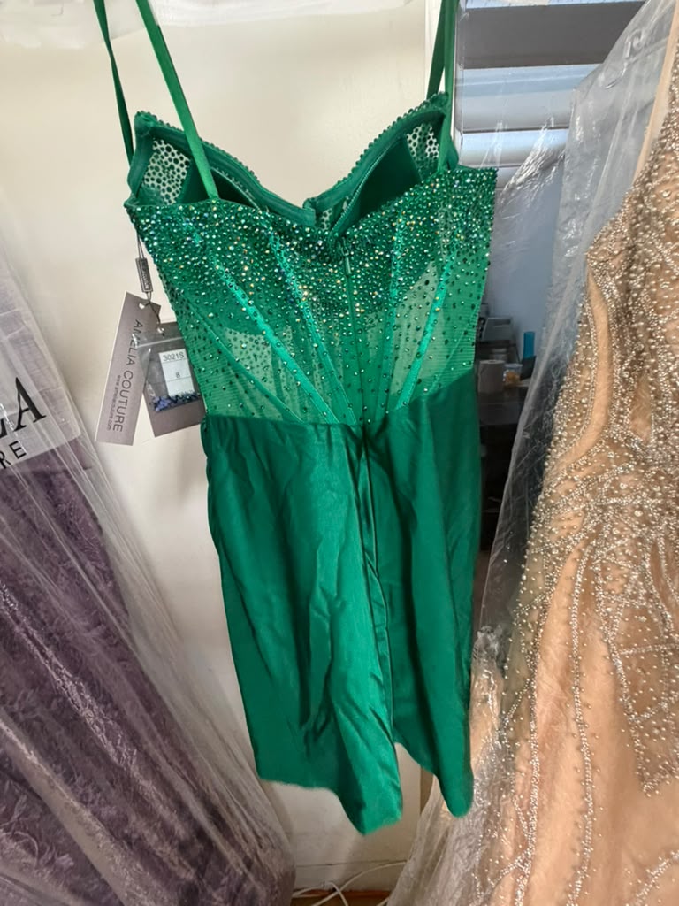 Clearance Emerald Green Size 8 Strapless Rhinestone Corset Short Dress by Amelia Couture 3021S