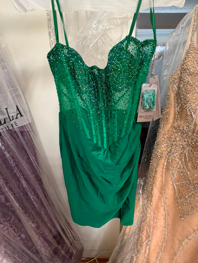 Clearance Emerald Green Size 8 Strapless Rhinestone Corset Short Dress by Amelia Couture 3021S