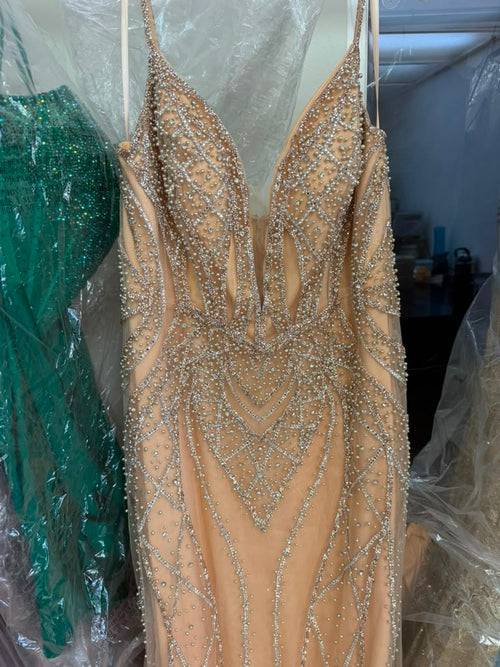 Clearance Gold Size 14 Beaded Mermaid Evening Gown by Amelia Couture 2132
