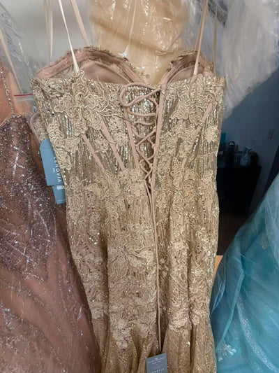 Clearance Gold Size L Strapless Trumpet Evening Gown with Sequin Lace Appliqué, Corset Back Prom Dress by Lenovia 8424