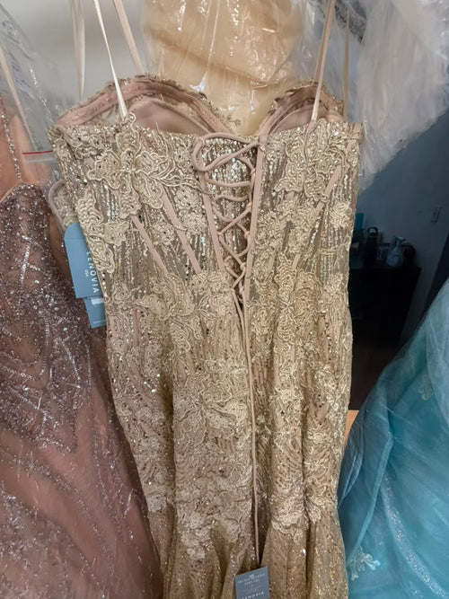 Clearance Gold Size L Strapless Trumpet Evening Gown with Sequin Lace Appliqué, Corset Back Prom Dress by Lenovia 8424