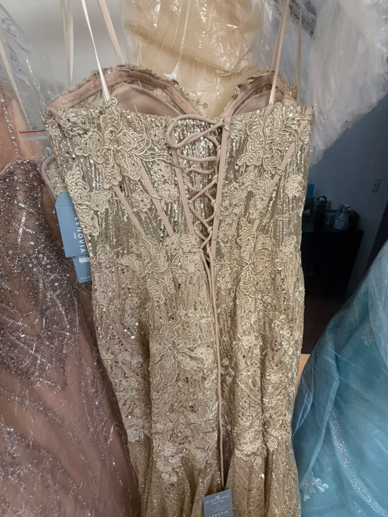 Clearance Gold Size L Strapless Trumpet Evening Gown with Sequin Lace Appliqué, Corset Back Prom Dress by Lenovia 8424