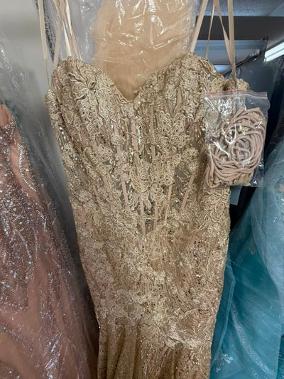 Clearance Gold Size L Strapless Trumpet Evening Gown with Sequin Lace Appliqué, Corset Back Prom Dress by Lenovia 8424